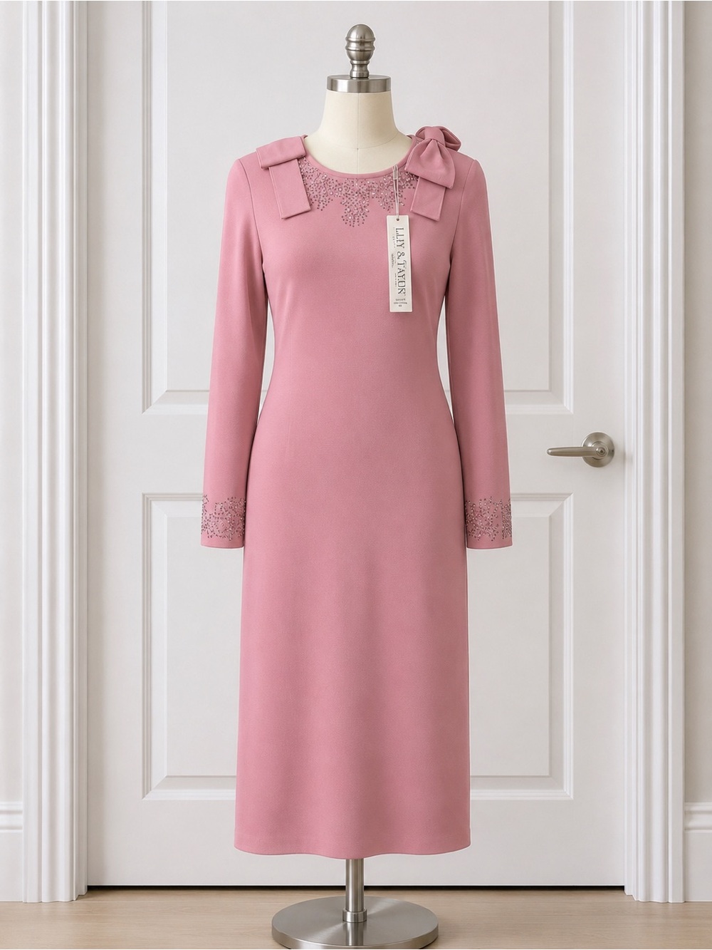 NWT Lily & Taylor Pink Knit Midi Dress Sz S Rhinestone Bow Long Sleeve Elegant